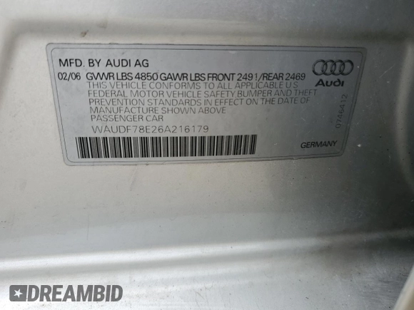 2006 Audi A4 2.0T z VIN WAUDF78E26A216179, wystawiony jako Copart lot #51169935 z przebiegiem 114 291 mil mil oraz Czysty tytuł • Clean title. Historia ofert i sprzedaży dostępna na DreamBid. Obrazek 12.