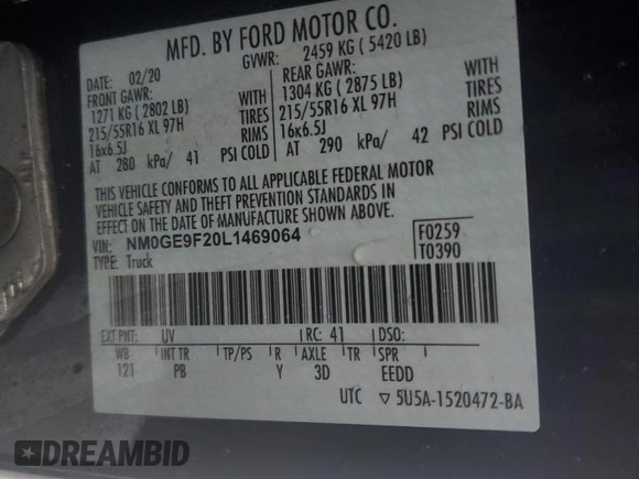 2020 Ford Transit Connect XLT with VIN NM0GE9F20L1469064, listed as a Copart auction lot 85948864 with 22,238 mi miles and Salvage title. Bid and sale history available at DreamBid. Image 13.