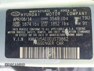 2014 Hyundai Accent SE with VIN KMHCU5AE0EU173862, listed as a IAAI auction lot 41872185 with 206,568 mi miles. Bid and sale history available at carsss.com. Image 9.