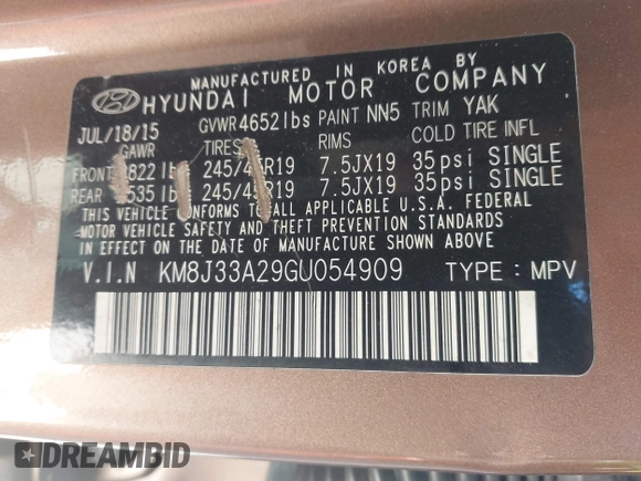 2016 Hyundai Tucson Sport with VIN KM8J33A29GU054909, listed as a IAAI auction lot 41835688 with 90,751 mi miles. Bid and sale history available at carsss.com. Image 9.