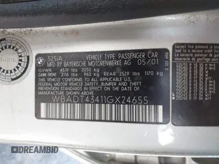 2001 BMW 5 Series 525i z VIN WBADT43411GX24655, wystawiony jako IAAI lot #42313493 z przebiegiem Nie podano mil oraz . Historia ofert i sprzedaży dostępna na DreamBid. Obrazek 9.