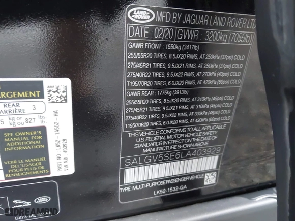 2020 Land Rover Range Rover Autobiography with VIN SALGV5SE6LA403929, listed as a IAAI auction lot 41960357 with 68,029 mi miles. Bid and sale history available at carsss.com. Image 9.