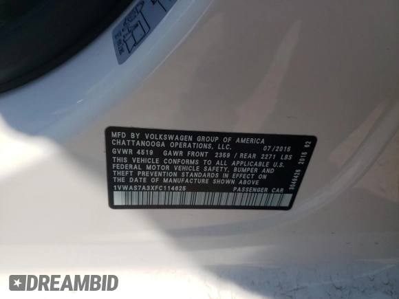 2015 Volkswagen Passat Wolfsburg Edition with VIN 1VWAS7A3XFC114625, listed as a Copart auction lot 60321585 with 81,940 mi miles and Salvage title. Bid and sale history available at DreamBid. Image 12.