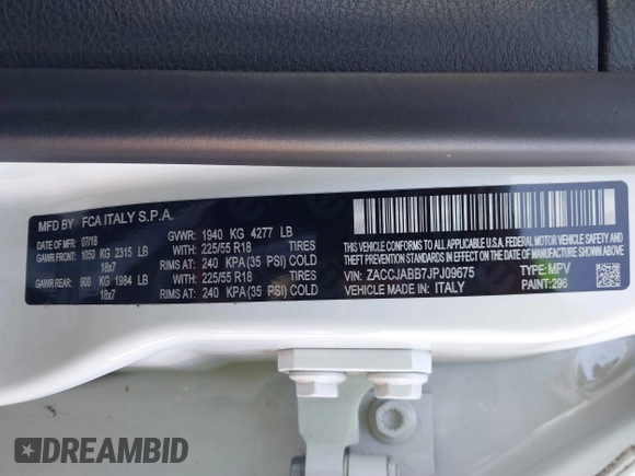 2018 Jeep Renegade Altitude with VIN ZACCJABB7JPJ09675, listed as a IAAI auction lot 41237405 with 64,103 mi miles and . Bid and sale history available at DreamBid. Image 9.
