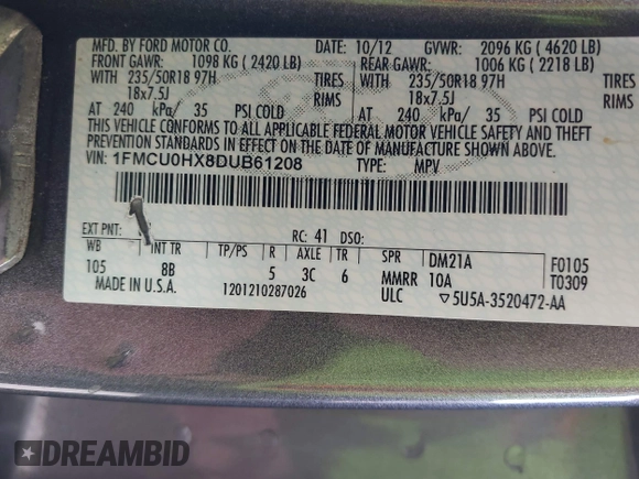 2013 Ford Escape SEL with VIN 1FMCU0HX8DUB61208, listed as a IAAI auction lot 42575283 with 140,330 mi miles and . Bid and sale history available at DreamBid. Image 9.