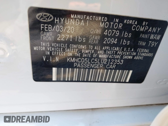 2020 Hyundai Ioniq Limited with VIN KMHC05LC5LU212353, listed as a IAAI auction lot 41981392 with 175,947 mi miles and . Bid and sale history available at DreamBid. Image 9.
