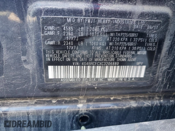 2012 Subaru Outback z VIN 4S4BRCFCXC3206880, wystawiony jako Copart lot #70375964 z przebiegiem 181 325 mil mil oraz Szkoda całkowita • Salvage title. Historia ofert i sprzedaży dostępna na DreamBid. Obrazek 12.