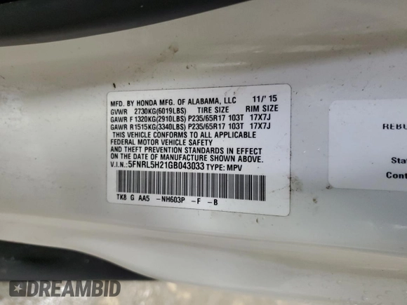 2016 Honda Odyssey LX with VIN 5FNRL5H21GB043033, listed as a Copart auction lot 50704365 with 197,484 mi miles and Salvage Title. Bid and sale history available at DreamBid. Image 14.