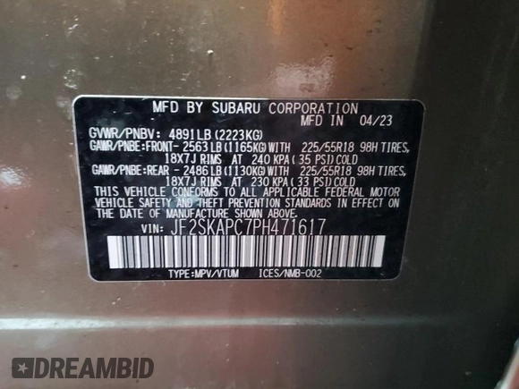 2023 Subaru Forester Limited with VIN JF2SKAPC7PH471617, listed as a Copart auction lot 88942255 with 36,416 mi miles and Salvage title. Bid and sale history available at DreamBid. Image 13.