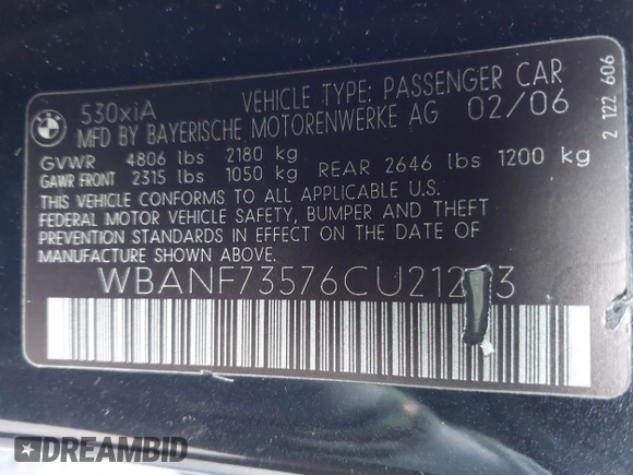 2006 BMW 5 Series 530xi with VIN WBANF73576CU21223, listed as a IAAI auction lot 41825112 with Not Provided miles and . Bid and sale history available at DreamBid. Image 9.