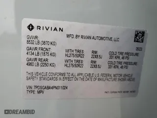 2023 Rivian R1S Adventure with VIN 7PDSGABA4PN011024, listed as a Copart auction lot 72703154 with 14,043 mi miles and Salvage Title. Bid and sale history available at carsss.com. Image 13.