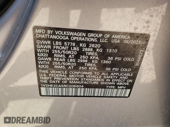 2024 Volkswagen Atlas SE with VIN 1V2HE2CA5RC205604, listed as a Copart auction lot 56399885 with 19,859 mi miles and Salvage title. Bid and sale history available at DreamBid. Image 13.