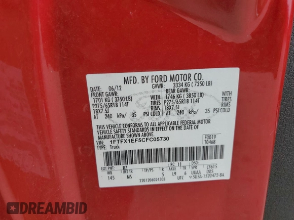 2012 Ford F-150 XL with VIN 1FTFX1EF5CFC05730, listed as a Copart auction lot 64610735 with 133,166 mi miles and Clean title. Bid and sale history available at DreamBid. Image 12.