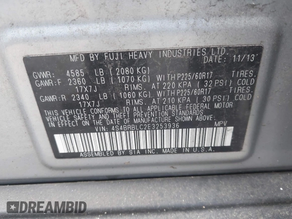 2014 Subaru Outback Limited with VIN 4S4BRBLC2E3253936, listed as a IAAI auction lot 42570106 with 210,225 mi miles and . Bid and sale history available at DreamBid. Image 9.