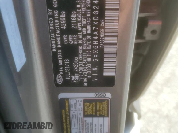 2013 Kia Optima EX with VIN 5XXGN4A7XDG243970, listed as a Copart auction lot 56754385 with 191,010 mi miles and Salvage title. Bid and sale history available at DreamBid. Image 12.
