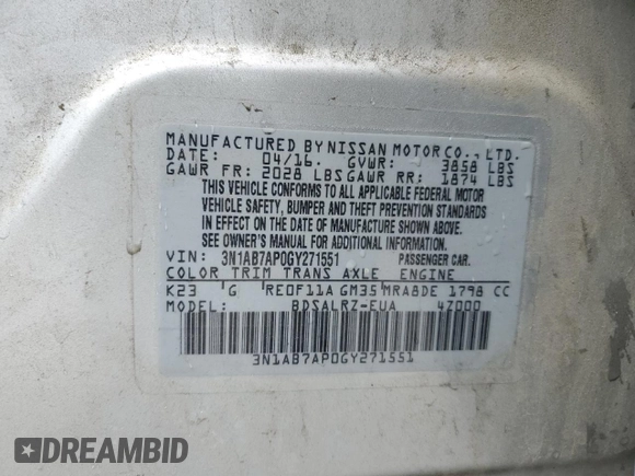 2016 Nissan Sentra SR with VIN 3N1AB7AP0GY271551, listed as a Copart auction lot 49280645 with 151,150 mi miles and Salvage Title. Bid and sale history available at DreamBid. Image 13.