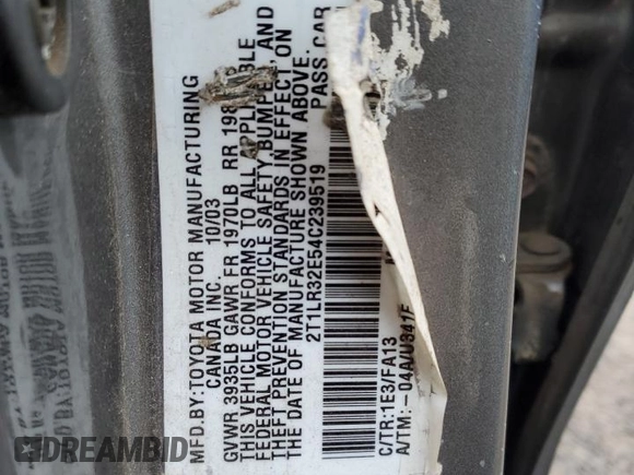 2004 Toyota Matrix Std z VIN 2T1LR32E54C239519, wystawiony jako Copart lot #57703115 z przebiegiem 161 381 mil mil oraz Tytuł czysty. Historia ofert i sprzedaży dostępna na DreamBid. Obrazek 12.