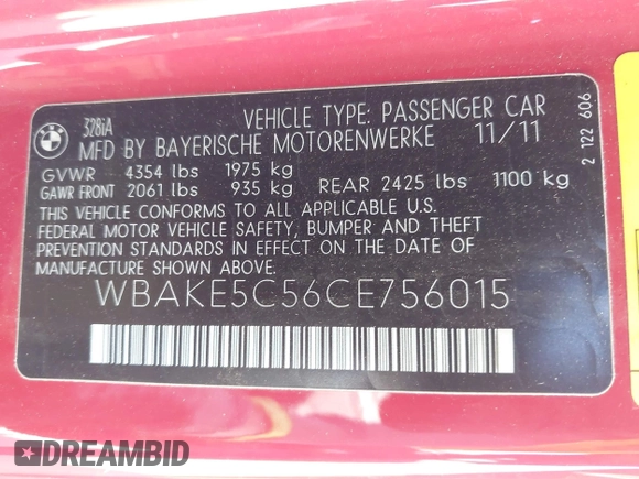 2012 BMW 3 Series 328i with VIN WBAKE5C56CE756015, listed as a IAAI auction lot 41760606 with 62,304 mi miles and . Bid and sale history available at DreamBid. Image 9.