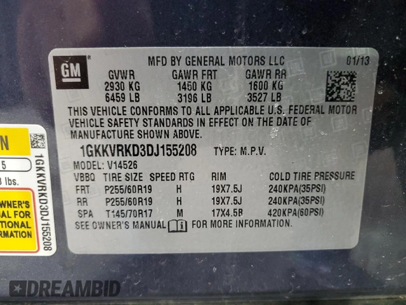 2013 GMC Acadia SLT with VIN 1GKKVRKD3DJ155208, listed as a Copart auction lot 46899255 with 181,767 mi miles and Salvage Title. Bid and sale history available at carsss.com. Image 13.