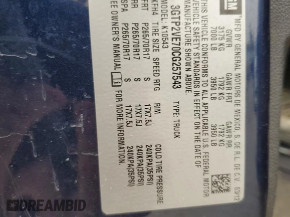 2012 GMC Sierra 1500 SLE with VIN 3GTP2VE70CG257543, listed as a Copart auction lot 51499435 with 195,636 mi miles and Salvage title. Bid and sale history available at DreamBid. Image 12.