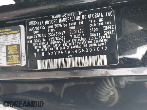 2016 Kia Sorento LX with VIN 5XYPG4A34GG097072, listed as a IAAI auction lot 41892344 with 91,496 mi miles and . Bid and sale history available at DreamBid. Image 9.