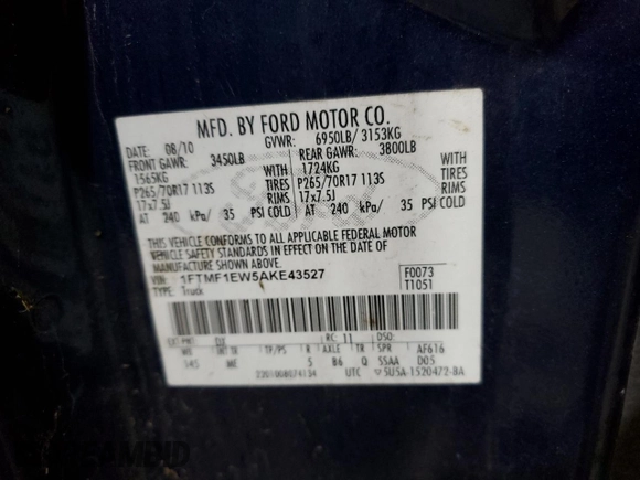 2010 Ford F-150 XL with VIN 1FTMF1EW5AKE43527, listed as a Copart auction lot 82496144 with 144,233 mi miles and Clean Title. Bid and sale history available at DreamBid. Image 12.