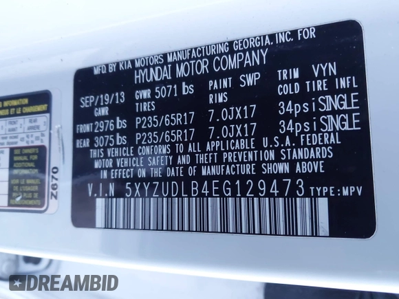 2014 Hyundai Santa Fe with VIN 5XYZUDLB4EG129473, listed as a IAAI auction lot 40978108 with 169,997 mi miles and . Bid and sale history available at DreamBid. Image 9.