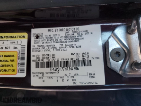 2017 Ford Fusion SE с VIN 3FA6P0H77HR247606, выставлен на аукционе Copart как лот 64849325 с пробегом 79 590 миль миль и Списание • Salvage title. История ставок и продаж доступна на DreamBid. Изображение 12.