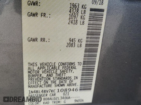 2019 Nissan Altima 2.5 S with VIN 1N4BL4BV7KC108946, listed as a Copart auction lot 51376975 with 142,242 mi miles and Salvage Title. Bid and sale history available at carsss.com. Image 14.