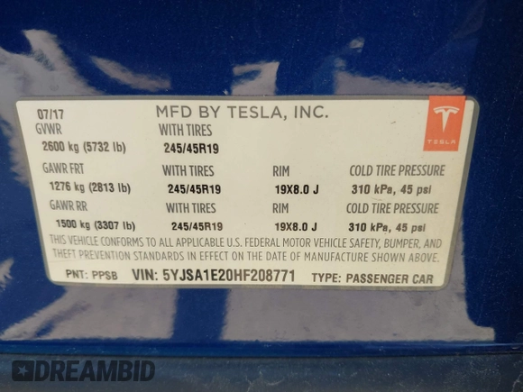 2017 Tesla Model S 100D z VIN 5YJSA1E20HF208771, wystawiony jako IAAI lot #42111317 z przebiegiem 81 919 mil mil oraz . Historia ofert i sprzedaży dostępna na DreamBid. Obrazek 9.