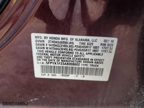 2010 Honda Ridgeline RT with VIN 5FPYK1F23AB008602, listed as a Copart auction lot 52180695 with 144,878 mi miles and Salvage Title. Bid and sale history available at carsss.com. Image 12.