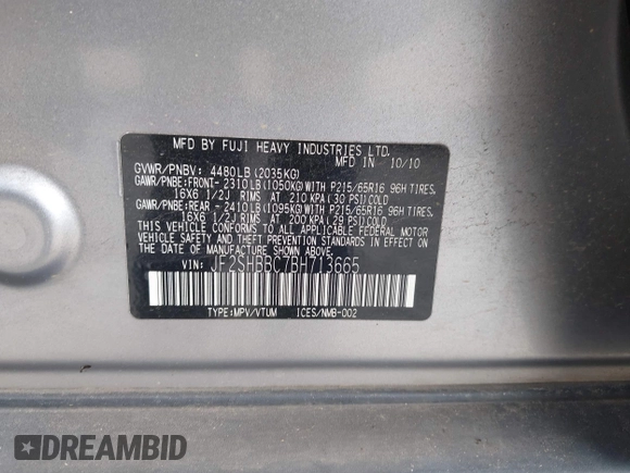 2011 Subaru Forester X z VIN JF2SHBBC7BH713665, wystawiony jako IAAI lot #42347723 z przebiegiem 193 414 mil mil oraz . Historia ofert i sprzedaży dostępna na DreamBid. Obrazek 9.