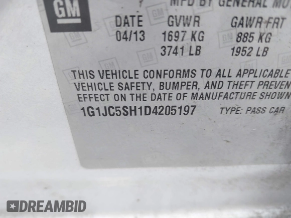 2013 Chevrolet Sonic LT with VIN 1G1JC5SH1D4205197, listed as a IAAI auction lot 41623803 with 153,666 mi miles and . Bid and sale history available at DreamBid. Image 9.