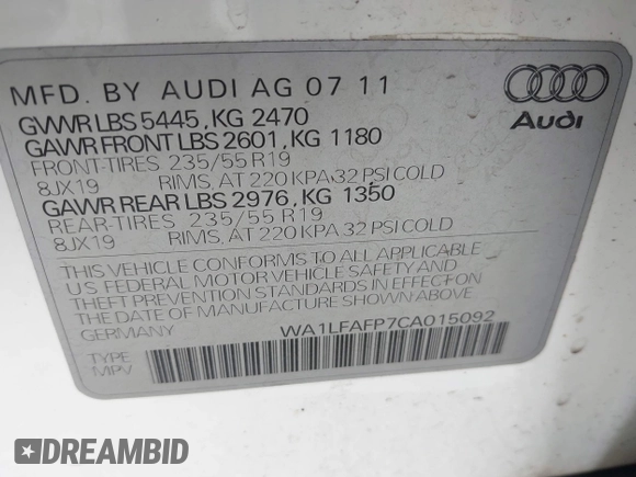 2012 Audi Q5 2.0T Premium Plus with VIN WA1LFAFP7CA015092, listed as a IAAI auction lot 42087063 with 188,475 mi miles. Bid and sale history available at carsss.com. Image 9.