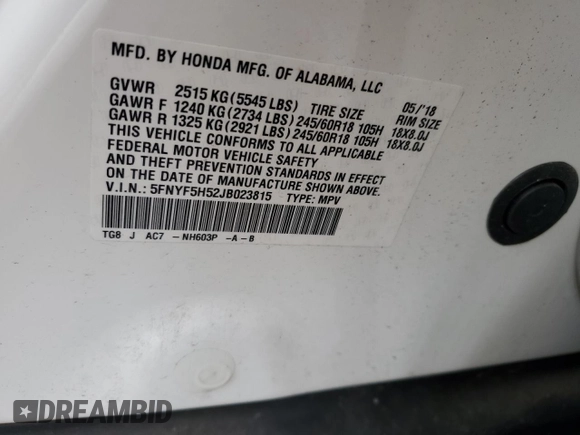 2018 Honda Pilot EX-L with VIN 5FNYF5H52JB023815, listed as a Copart auction lot 57692995 with 65,065 mi miles and Salvage title. Bid and sale history available at DreamBid. Image 13.