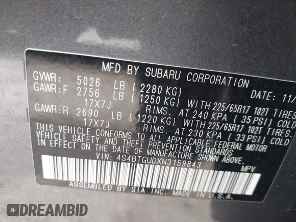 2022 Subaru Outback Wilderness с VIN 4S4BTGUDXN3159843, выставлен на аукционе IAAI как лот 42357708 с пробегом 48 746 миль миль и . История ставок и продаж доступна на DreamBid. Изображение 9.