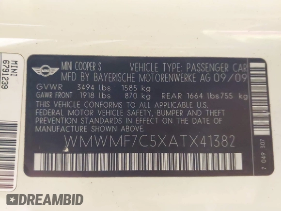 2010 MINI Hardtop S with VIN WMWMF7C5XATX41382, listed as a IAAI auction lot 40558359 with 96,158 mi miles and . Bid and sale history available at DreamBid. Image 9.