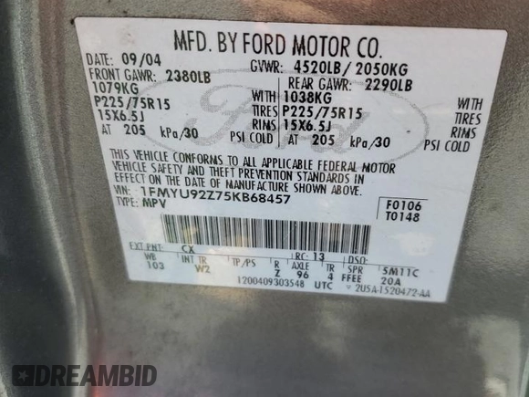 2005 Ford Escape XLS Value с VIN 1FMYU92Z75KB68457, выставлен на аукционе Copart как лот 46427005 с пробегом 144 278 миль миль и Списание • Salvage title. История ставок и продаж доступна на DreamBid. Изображение 14.