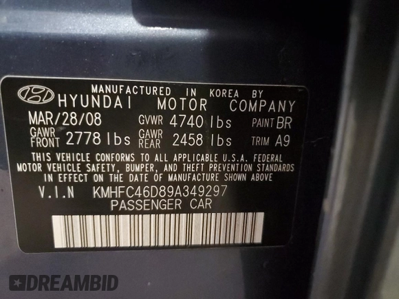 2009 Hyundai Azera GLS with VIN KMHFC46D89A349297, listed as a Copart auction lot 85777694 with 103,647 mi miles and Salvage title. Bid and sale history available at DreamBid. Image 12.