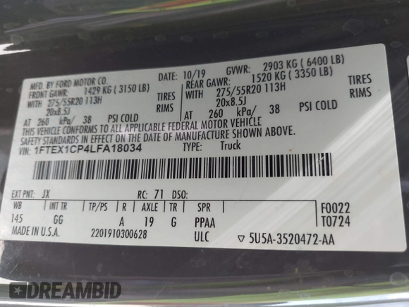 2020 Ford F-150 XL with VIN 1FTEX1CP4LFA18034, listed as a IAAI auction lot 42526312 with 75,631 mi miles and . Bid and sale history available at DreamBid. Image 9.