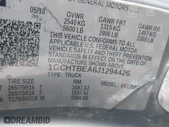 2018 Chevrolet Colorado 4WD Work Truck with VIN 1GCHTBEA6J1294426, listed as a IAAI auction lot 41675635 with 76,899 mi miles and . Bid and sale history available at DreamBid. Image 9.