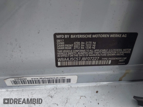 2018 BMW 4 Series 440i with VIN WBA4J5C57JBF07227, listed as a IAAI auction lot 41562986 with 76,316 mi miles and . Bid and sale history available at DreamBid. Image 9.