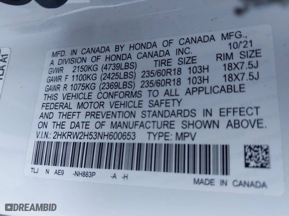 2022 Honda CR-V EX with VIN 2HKRW2H53NH600653, listed as a IAAI auction lot 41394041 with 58,979 mi miles. Bid and sale history available at carsss.com. Image 9.