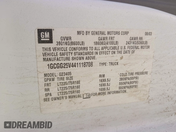 2004 Chevrolet Express Cargo Van with VIN 1GCGG25V441118708, listed as a IAAI auction lot 42144915 with 327,928 mi miles. Bid and sale history available at carsss.com. Image 9.