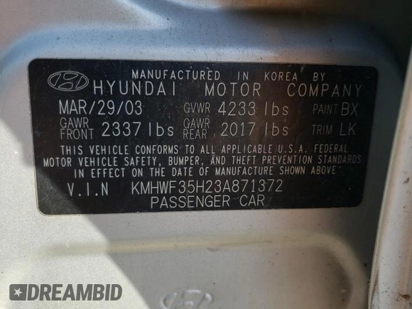 2003 Hyundai Sonata GLS with VIN KMHWF35H23A871372, listed as a Copart auction lot 76199644 with 164,094 mi miles and Clean Title. Bid and sale history available at carsss.com. Image 12.