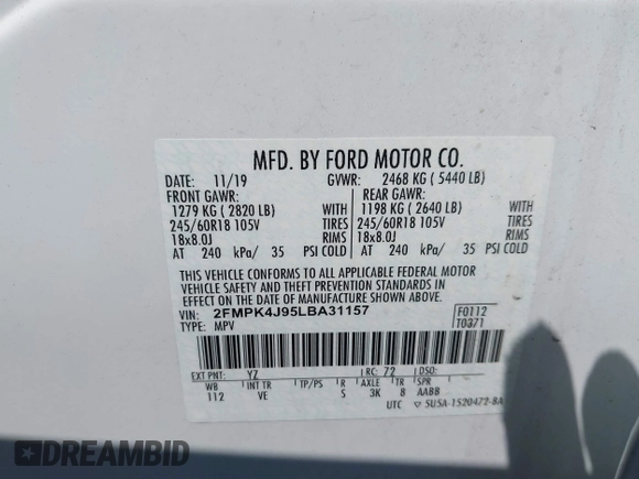 2020 Ford Edge SEL z VIN 2FMPK4J95LBA31157, wystawiony jako IAAI lot #42225863 z przebiegiem 96 082 mil mil oraz . Historia ofert i sprzedaży dostępna na DreamBid. Obrazek 9.