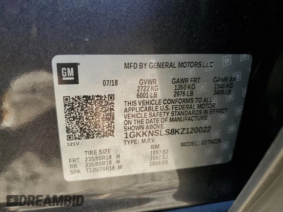 2019 GMC Acadia SLE with VIN 1GKKNSLS8KZ120022, listed as a Copart auction lot 86778374 with 85,155 mi miles and Salvage Title. Bid and sale history available at DreamBid. Image 13.