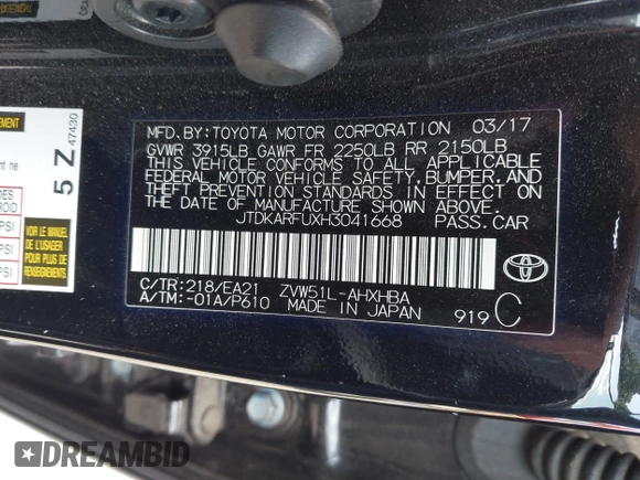 2017 Toyota Prius Two with VIN JTDKARFUXH3041668, listed as a IAAI auction lot 42421754 with 57,677 mi miles and . Bid and sale history available at DreamBid. Image 9.