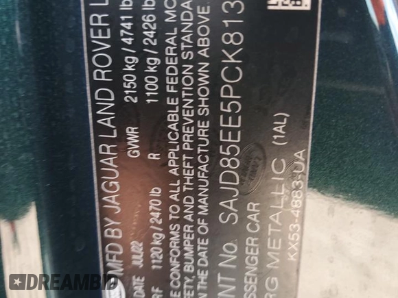 2023 Jaguar F-Type with VIN SAJD85EE5PCK81346, listed as a Copart auction lot 71719304 with Not Provided miles and Non Repairable. Bid and sale history available at DreamBid. Image 12.