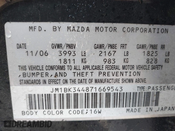 2007 Mazda 3 S Touring с VIN JM1BK344871669543, выставлен на аукционе IAAI как лот 42429372 с пробегом 138 330 миль миль и . История ставок и продаж доступна на DreamBid. Изображение 9.